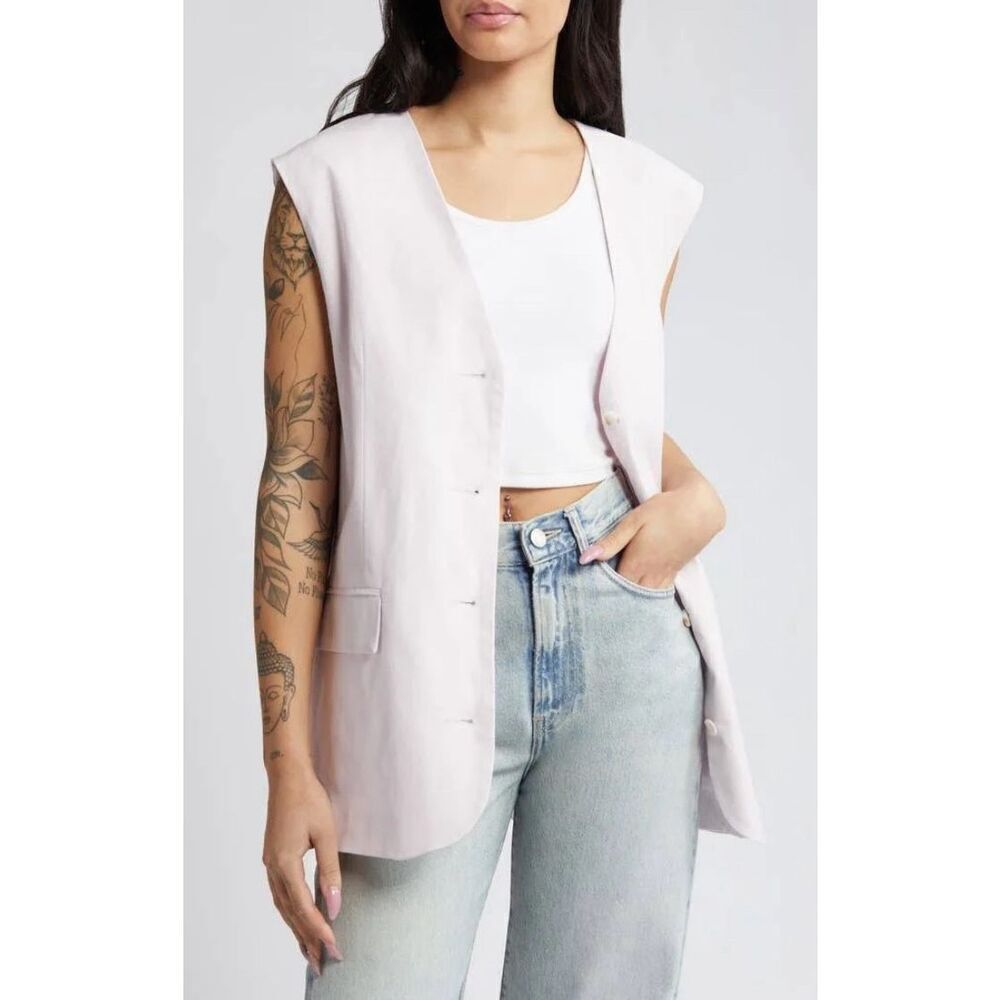 Top Shop‎ Womens Button Front Linen Blend V Neck Oversized Vest Pink Lilac 6 NWT